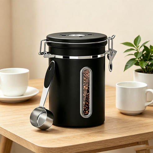 커피빈 보관통 1800ml 블랙 스푼 포함 커피 밀폐용기, 1세트, 블랙 커피캔