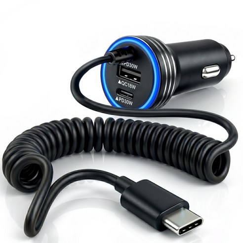 셀리드 차량용 초고속 충전기 3포트 30W+30W+18W 초고속 시거잭 충전기 스프링 케이블 더욱 안전하고 빠르게 충전, 블랙, SJ63