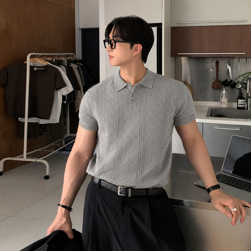 ANYOU 남성용 니트 카라 반팔 티셔츠 케이블 조직