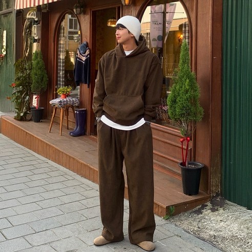 [기모] 남자 남성 루즈 오버핏 코듀로이 골덴 후드티 와이드 팬츠 겨울 셋업 세트