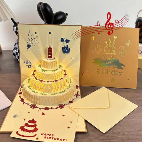 생일 축하 카드 멜로디 팝업 고급 3D 입체 기념일 선물, 1개, 골드