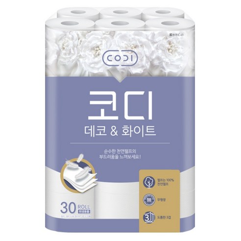 [코디] 데코앤화이트 천연펄프 화장지 3겹 30m*30롤 1팩 솔직 후기 | 실사용자 리뷰 분석 - 상품 이미지 1