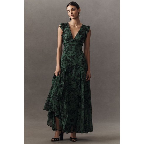 bhldn asha flutter-sleeve v-neck chiffon maxi dress BHLDN Asha Flutter-Sleeve V-Neck Chiffon Maxi Dress