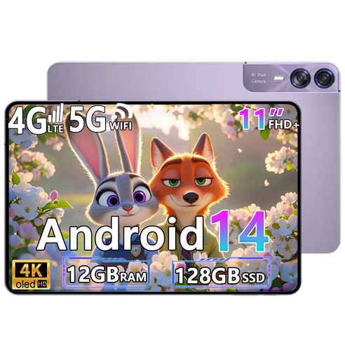 태블릿PC 11인치 안드로이드14 12GB+128GB 확장지원 4K OLED 대화면 12000mAh 배터리 WiFi+셀룰러 인강용 영상용 가성비 태블릿, Wi-Fi + 셀룰러, 128GB, Purple