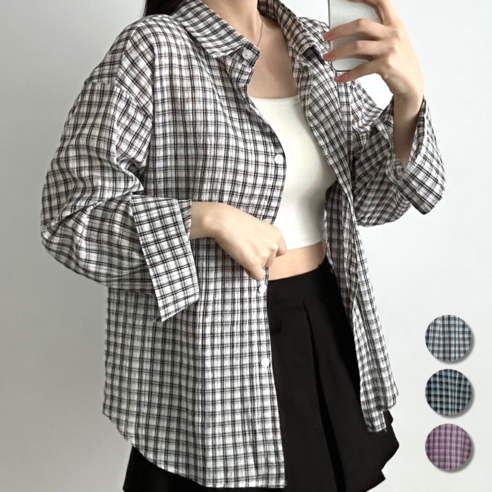 핏몬 여성 체크 루즈핏 구김없는 시어서커 박시 남방 롱 셔츠 55~77