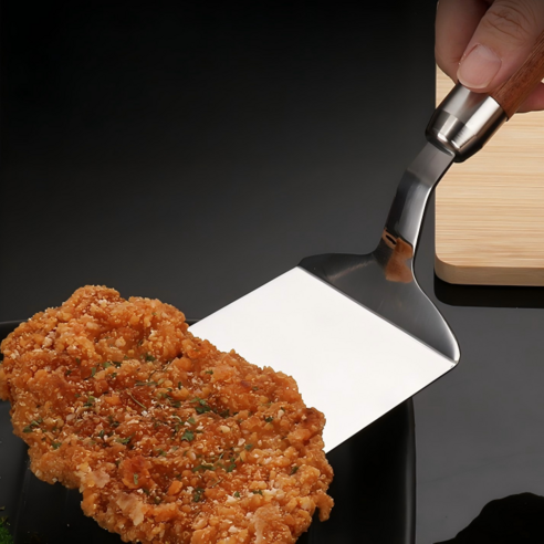 쿠코아 요리용 나무손잡이 스텐 뒤집개: 스테인리스 스틸과 나무 손잡이의 완벽 조화, 철판 요리와 피자를 위한 최고의 선택!