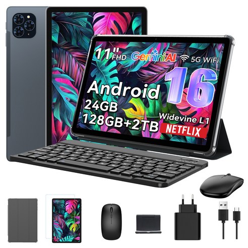 TABWEE 2026 세계최초 Android16 Gemini AI 태블릿 11인치 FHD 24GB+128GB 2TB확장 2in1 테블릿 pc 키보드세트, 회색, 128GB, Wi-Fi