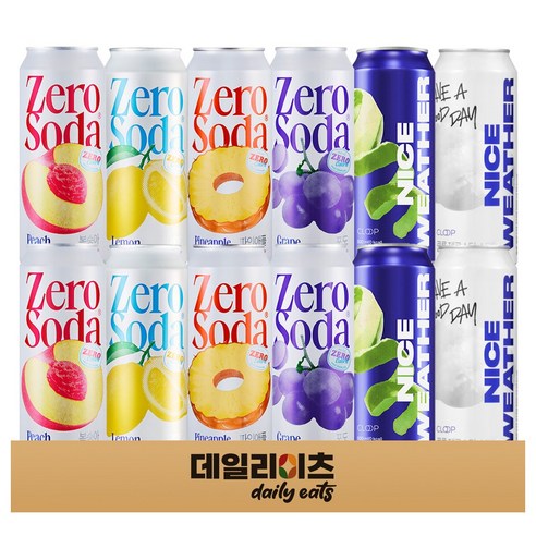 클룹 제로소다 뚱캔 6종류 2캔씩 12캔 기획세트 (복숭아2 레몬2 파인애플2 포도2 청사과2 소다2), 500ml, 1세트