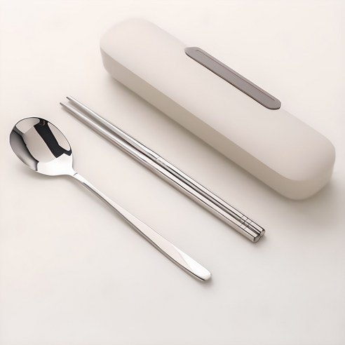 휴고잉 휴대용 무소음 스텐 수저세트, 화이트, 숟가락 + 젓가락 + 케이스, 1개