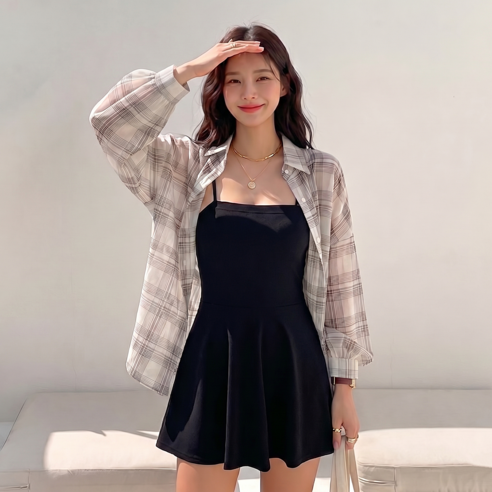 미사813 여성 여름 쿨링 자외선차단 얇은 쉬폰 체크 긴팔 남방 셔츠