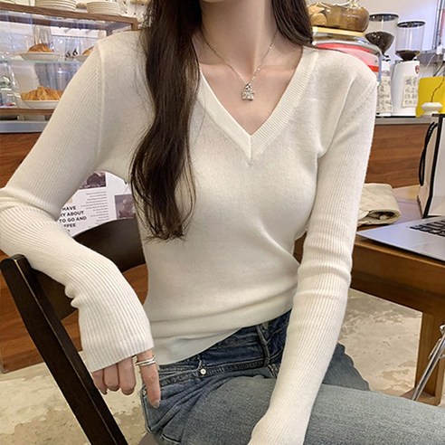 cammello 보들촉감 브이넥 베이직 슬림핏 잔골지 니트 여성 니트티