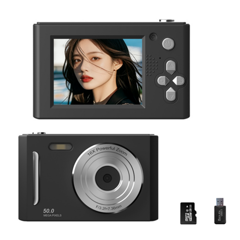 휴대용 감성 디지털 카메라 Y2k 빈티지 카메라 고화소 사진기 128G SD카드 포함, 블랙