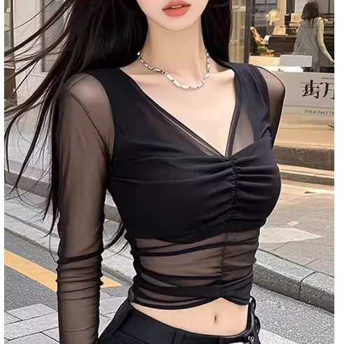쌍천 여성 브이넥 망사 고탄력 숏탑 방송 댄스 재즈 라인댄스 크롭티 A26021011