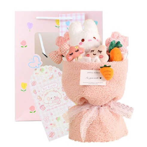 애니멀 인형 꽃다발 종이가방 세트 졸업 입학 학예회 생일 여자친구 선물, 1개, 파스텔 핑크 토끼