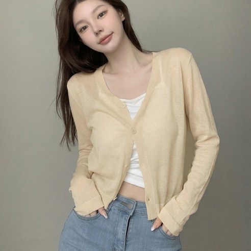 여성용 시스루 긴팔 브이넥 얇은 가디건 데일리룩