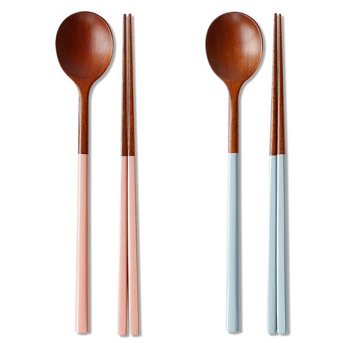 리숲 달 천연 옻칠 고급 한식 나무 수저 세트, 1세트, 수저세트, 2인A(핑크1개+라이트블루1개)