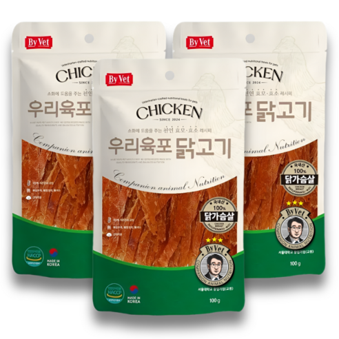 국내산 우리육포 강아지 간식, 닭가슴살, 100g, 3개