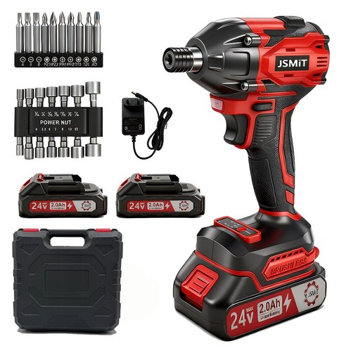 JSMiT 독일기술 24V 800Nm 고출력 충전 임팩드릴 세트 전동 임팩 렌치 자동 속도 조절 충전 임팩 드릴 렌치 드라이버 전문가형 2.0Ah 배터리 2개 풀세트, 주체+도구 키트 +(2.0AH 배터리 *2)