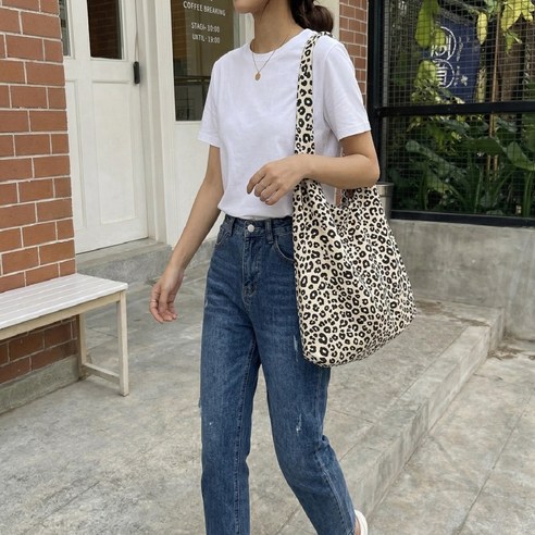 비니오 데일리 레오파드 숄더 에코백 가벼운 캔버스 호피무늬 가방