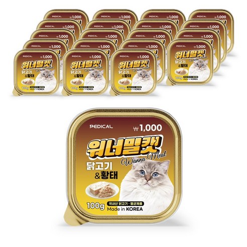 워너밀캣 고양이 영양간식 국내산 무방부제 높은기호성 한끼뚝딱, 20개, 100g, 닭고기&황태(고양이캔)