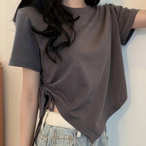 선빛 여성용 무지 쭈리 언발 리본 쪼임 기본 루즈핏 크롭 티셔츠