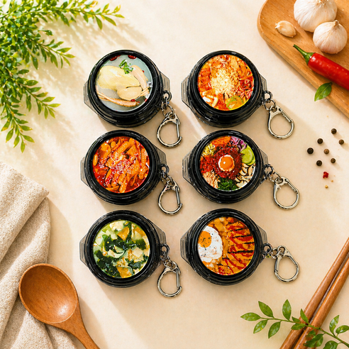 뚝배기 키링 6종 랜덤 키캡 키링떡볶이 삼계탕 비빔밥 돈까스 부대찌개 미역국, 1개, 뚝배기 랜덤