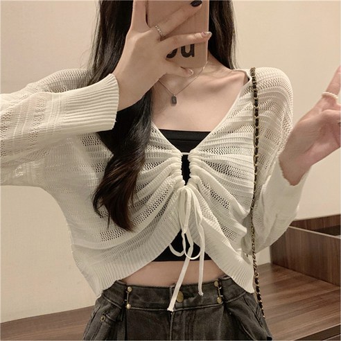 cammello 청순무드 스트링 포인트 브이넥 크롭 여름 가디건 살안타템