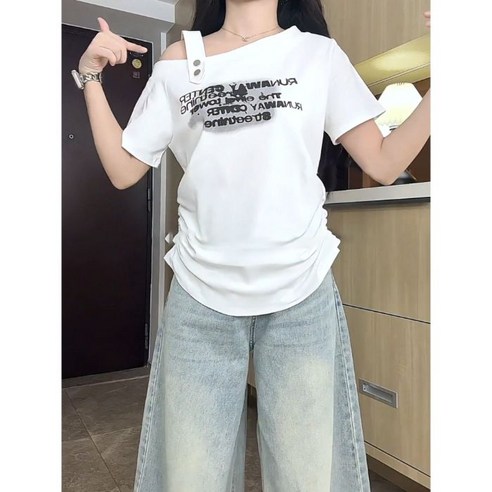 러브베리 여성 오프숄더 레터링 프린트 반팔 티셔츠 JL0140A