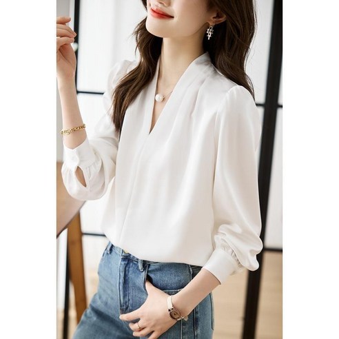 스타일닥터 여성 블라우스 봄가을 심플 셔츠 긴팔 브이넥 하객룩 오피스룩