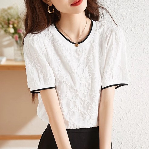 해피유통여성 반팔 자수 블라우스 사랑스러운 패션 디자인k01