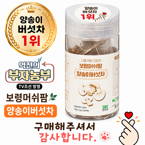 송자토박이 국내산 보령머쉬팜 양송이 버섯차 티백차 볶은 양송이 버섯차 25T