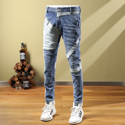 남자 프린트 청바지 슬림 스판 캐주얼 데님 팬츠 Men's jeans