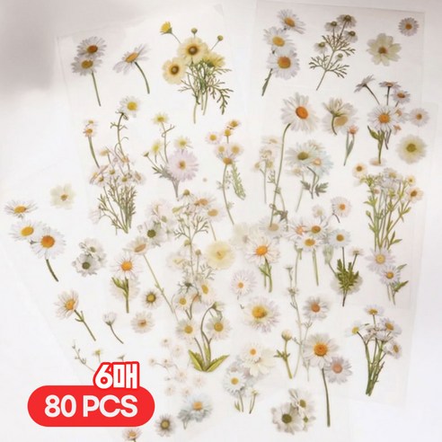 다꾸 투명 꽃 나뭇잎 스티커, 1개, 데이지 6매입