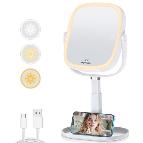 LED 조명 탁상 화장거울 360도회전 1배/10배 확대 3000mAh, 화이트