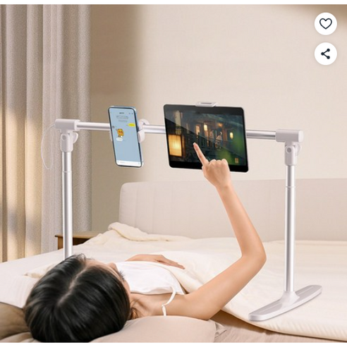 접이식 휴대폰 태블릿 거치대 높이조절 자바라 침대용 듀얼 헤드 스탠드 라이브 방송용, 1개, 화이트, 거치대 세트