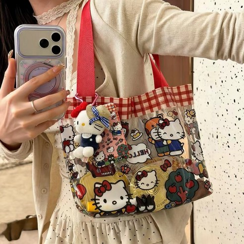Hello Kitty 헬로키티 다용도 PVC 투명 비치 토트백 다용도 방수 숄더백 수영가방