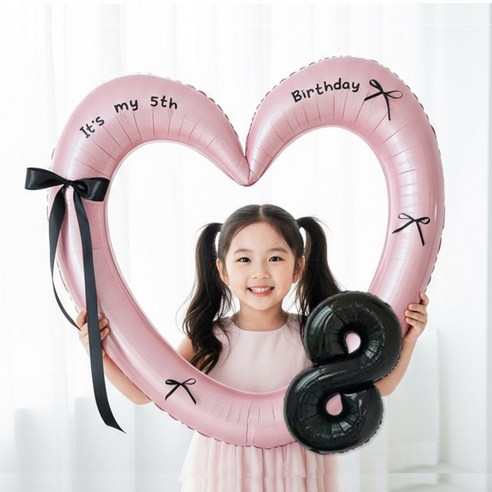 연지마켓 생일 하트프레임풍선 블랙 숫자 생일파티 용품 세트 (자유레터링), 1세트, 핑크하트 숫자 8