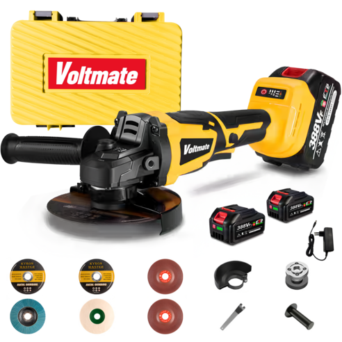 VoltMate 독일 21V BLDC 무선 충전식 125mm 전동 브러시리스 그라인더 3단 조절 가능 전력량 표시 연마기/광택기 3000mAh 배터리 2개 세트, 노란색, 1세트