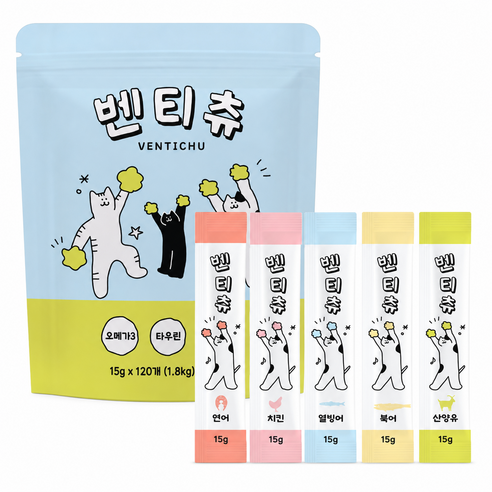 벤티츄 짜먹는 고양이간식, 혼합맛 5종, 15g 120개