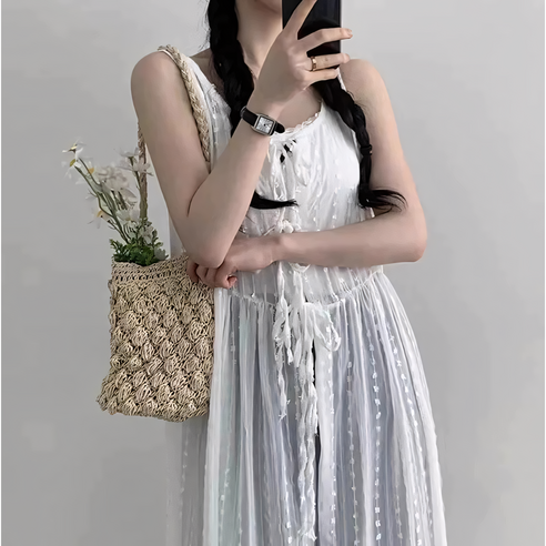 쪼예 청순 홍대룩 시스루 리본 레이스 레이어드 롱 나시 원피스