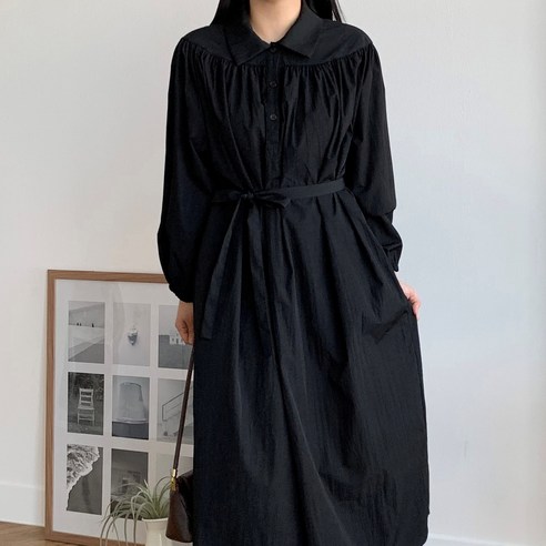 더한땀 빅사이즈 버튼 카라 롱 원피스 봄 가을 하객룩
