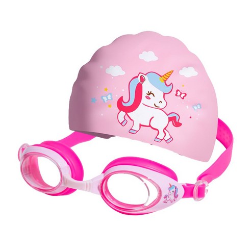 남녀아동 귀여운카툰 소프레임 수영경모자세트 프로급 방수 안개방지 고해상도, 1세트, 핑크색+유니콘