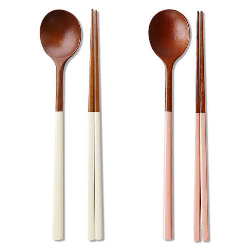 리숲 달 천연 옻칠 고급 한식 나무 수저 세트, 1세트, 수저세트, 2인D(아이보리1개+핑크1개)