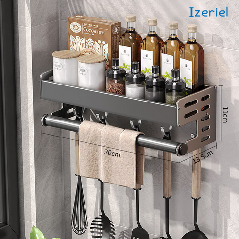 Izeriel 주방 무타공 다기능 조미료 양념통 선반 일체형 다용도 벽걸이 수납 정리대 튼튼한 납 벽선반 무펀칭 욕실 수납스테인리스 싱크대 선반