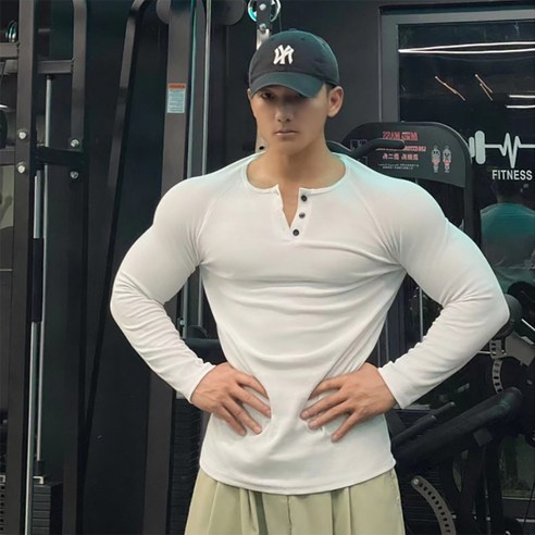 MDIVGYM 남성 헨리넥 머슬핏 골지 긴팔 코튼 티셔츠