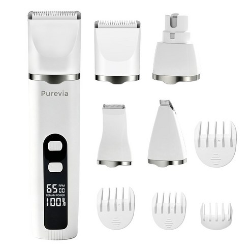 Purevia 4in1 반려동물 바리깡 이발기 강아지 제모기 고양이 털제거기 애견용 발바닥 클리퍼 LED 세라믹 미용기, 1개, 화이트