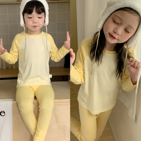 코코몽드 KC인증 아동용 40수 라이오셀 부드러운 면 스판 배색 긴팔 실내복 겸 내의 내복 상하세트 CC-092565