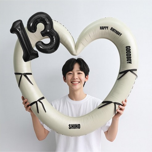 해피제이니 블랙 숫자 하트프레임 풍선 생일파티용품세트(프리레터링 시트지 포함) 포토존, 1세트, 13 크림하트