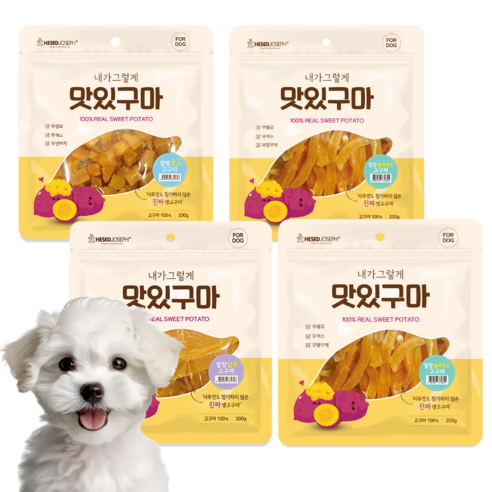 맛있구마 강아지 고구마 큐브 스틱 슬라이스 넙적 4종 혼합, 고구마맛, 200g, 4개