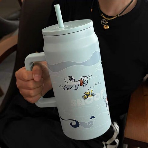 GOYES 캐릭터 스누피 도안 텀블러 대용량 보온 보냉병 빨대 텀블러, 1개, 1500ml, 블루
